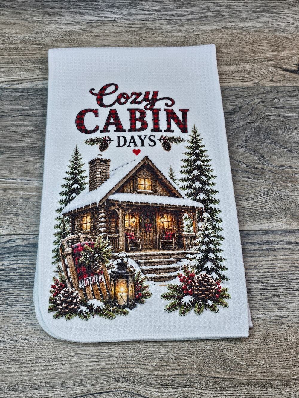 Cozy Cabin Days Winter Kitchen Towel Rustic Farmhouse Snowy Cabin Decor